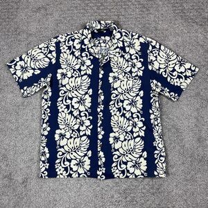 Royal Creations Shirt Mens Large Blue White Hawaiian Aloha Floral Tiki Tropical